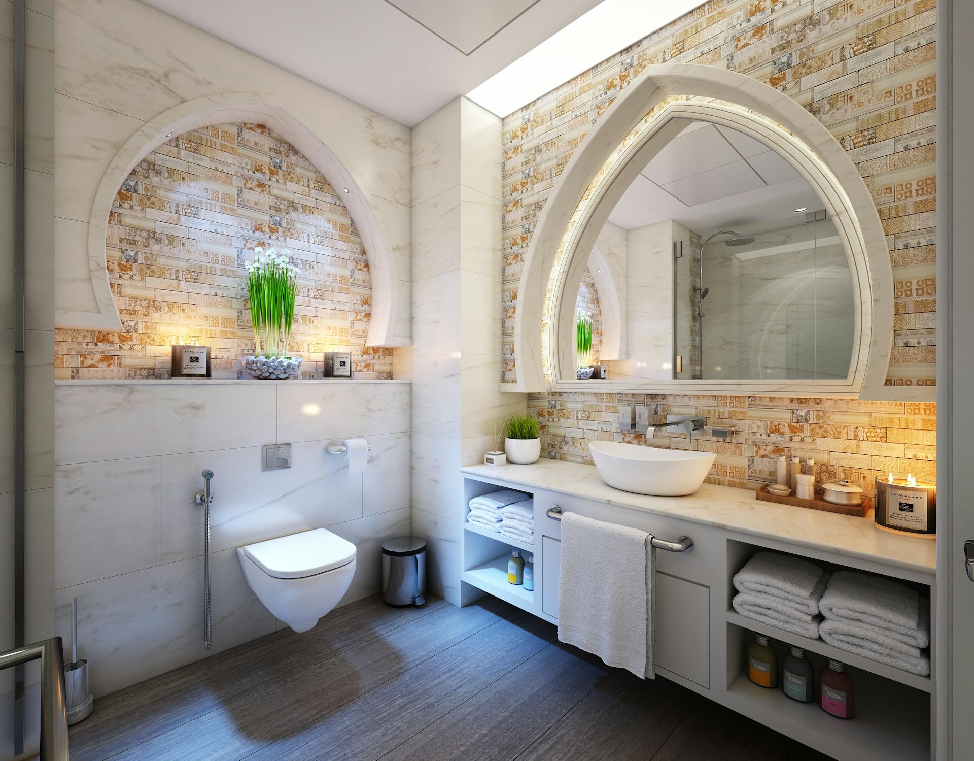 Salle de bain avec douche walk-in à effet pluie